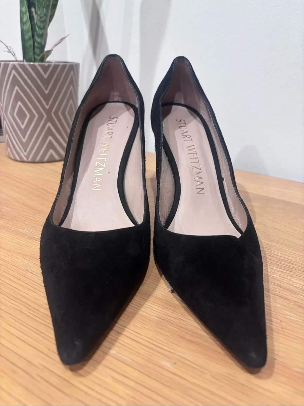 Stuart Weitzman Black Suede Pointed Pumps with Slim Heel - Picture 3 of 6